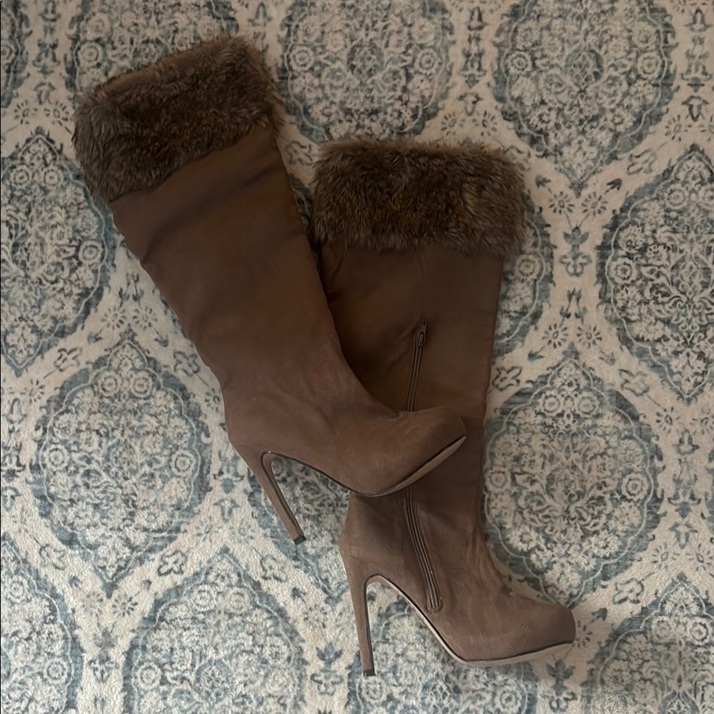 Women's Tan Fur-Trimmed Knee-High Boots